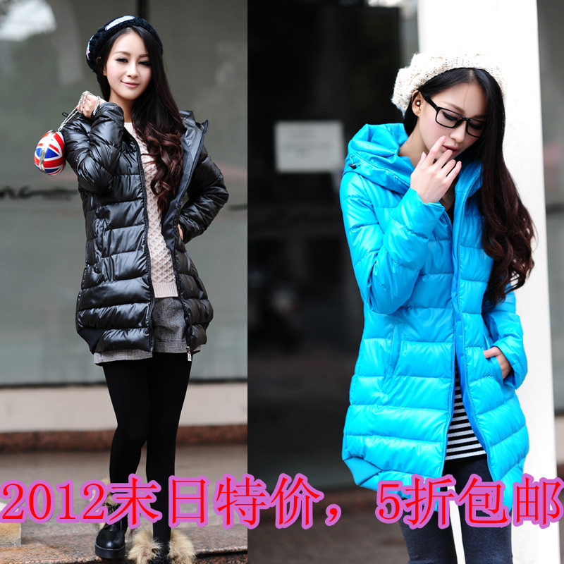 Winter slim thickening PU down cotton-padded jacket female medium-long with a hood outerwear wadded jacket