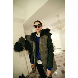 Winter super warm thick houndstooth patchwork raccoon fur bread cotton-padded jacket