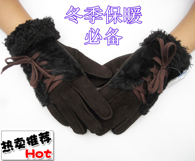 Winter thermal 2013 genuine leather gloves Women wool and fur in one gloves thickening