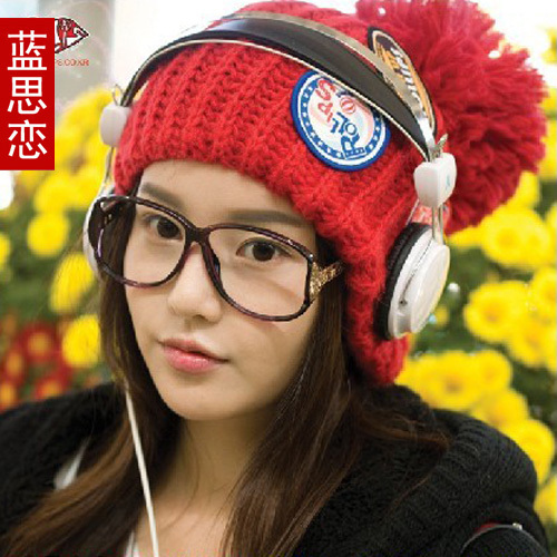 Winter thermal ear blue applique knitted hat knitted hat winter hat
