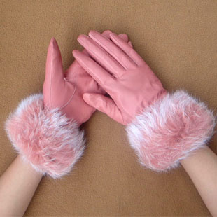 Winter thermal fleece lined fashion women's genuine leather sheepskin gloves rabbit fur women's leather gloves