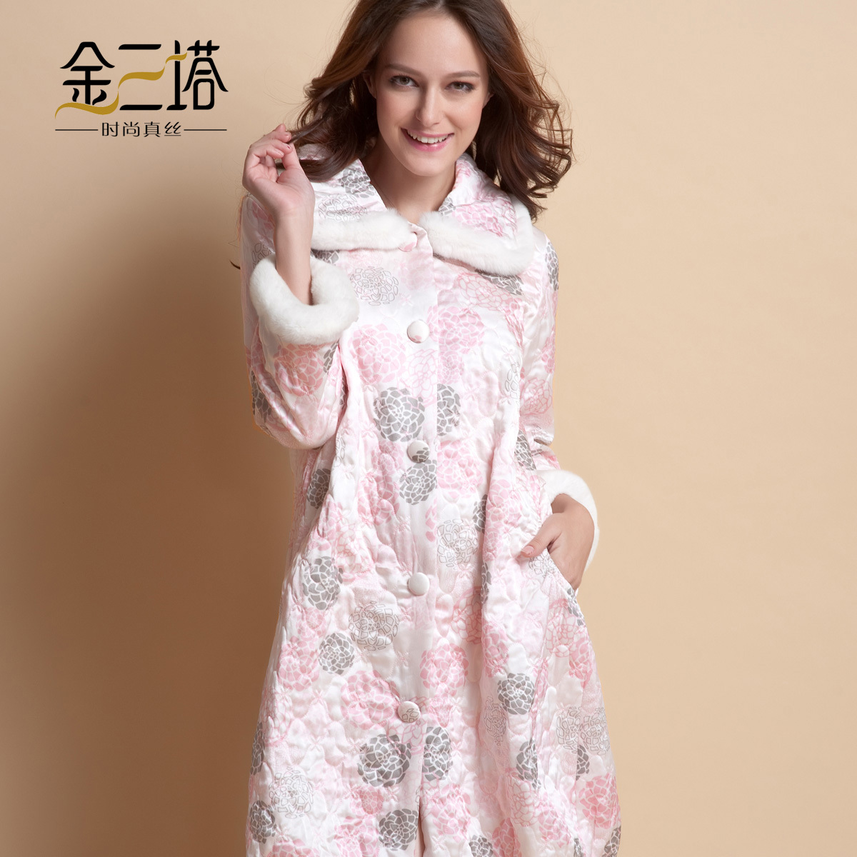 Winter thermal mulberry silk lounge senior rabbit fur print folder theses robe sleepwear