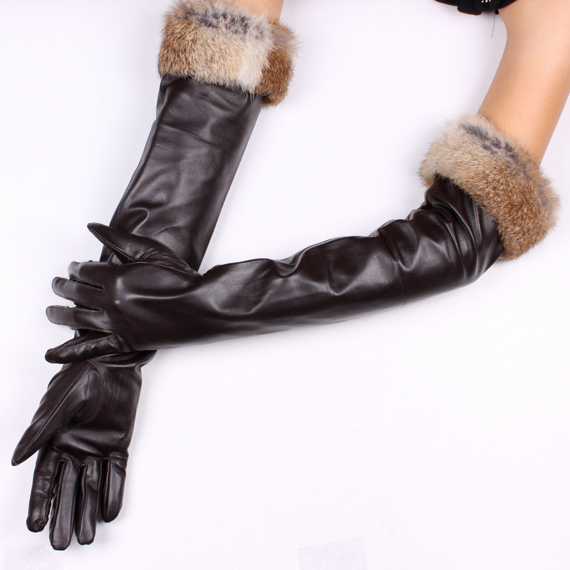 Winter thermal women's genuine leather long gloves long design sheepskin gloves rabbit fur wool gloves fashion