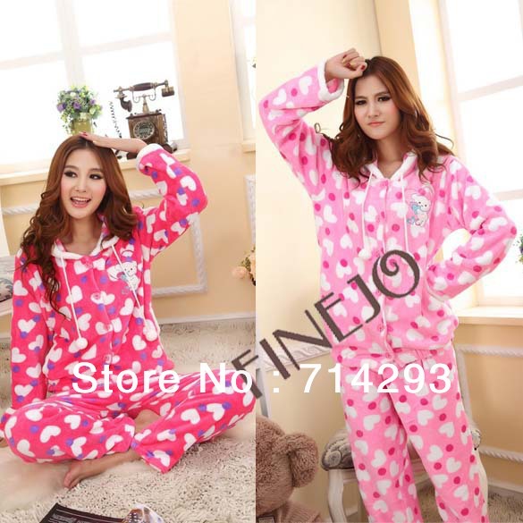 Winter Thicken Warm Heart Coral Fleece Women's  Homewear Pajama Set free shipping 9279