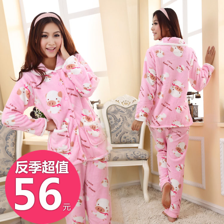 Winter thickening coral fleece sleepwear cartoon women's set twinset