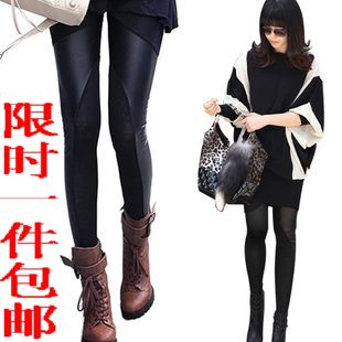 Winter thickening female plus velvet legging faux leather patchwork ankle length legging trousers female