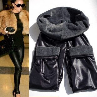 Winter thickening matt faux leather double layer beaver velvet ankle length trousers legging warm pants 380g