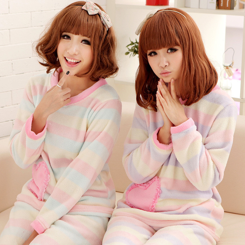 Winter thickening stripe coral fleece sleepwear female set lounge