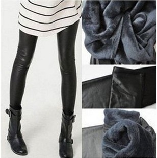 Winter thickening thermal matt faux leather plus velvet fleece double layer warm pants legging