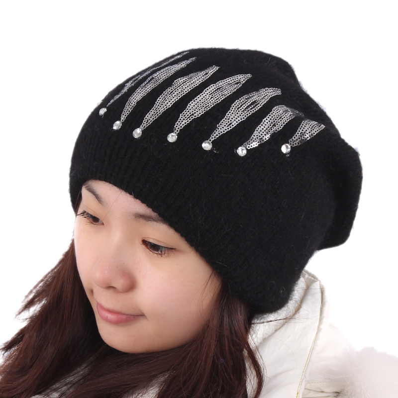 Winter ultra soft thermal double layer hat brim sparkling diamond knitted hat knitted rabbit fur hat female