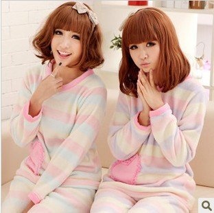 Winter upset clearance new winter lovely stripe coral fleece pajamas women suit leisure wear