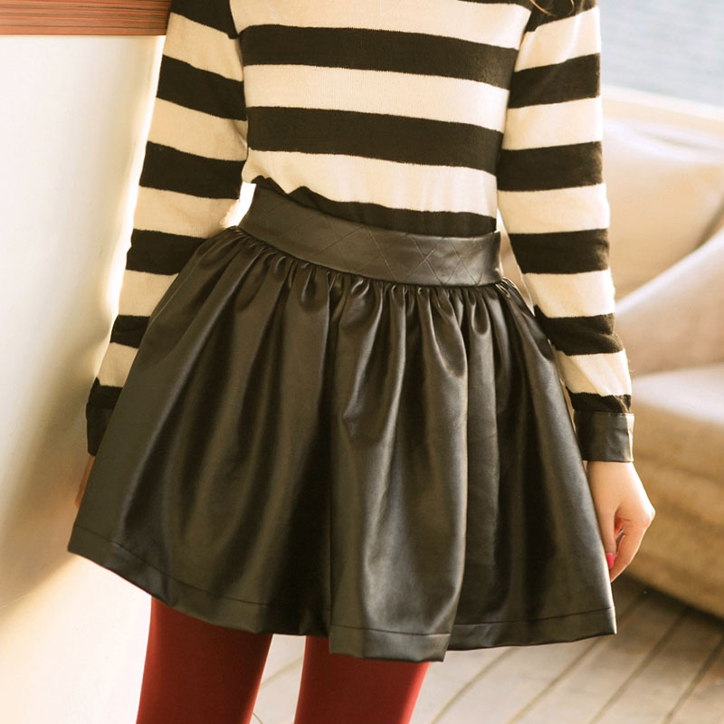 winter vintage high waist leather pleated skirt half-length short skirt 2510 , #6964 SERIES