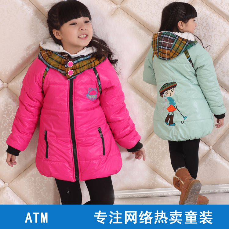 Winter wadded jacket outerwear children's clothing female child plus velvet thickening cotton-padded jacket child lengthen