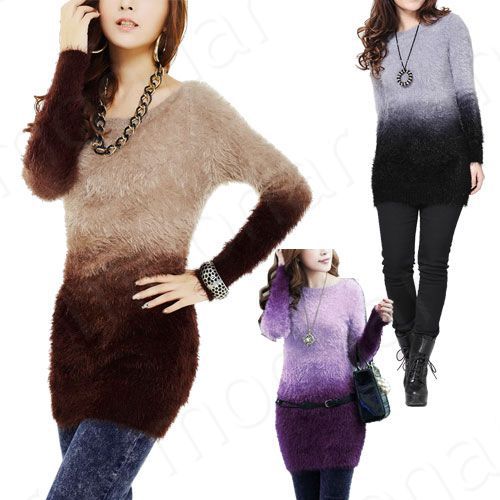 Winter Warm Women Soft Knitwear Round Neck Gradient Color Sweater OL Top Blouse E0987