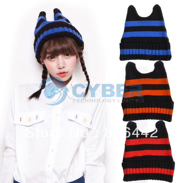Winter Warm Women Striped Devil Horns Knit Beanie Hat Cap Free Shipping 9536