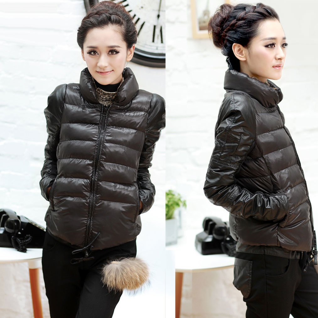 Winter winter slim PU patchwork short design wadded jacket outerwear Women black cotton-padded jacket cotton-padded jacket