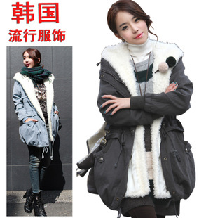 Winter with a hood long-sleeve drawstring trench twinset berber fleece outerwear female long design (WC091)