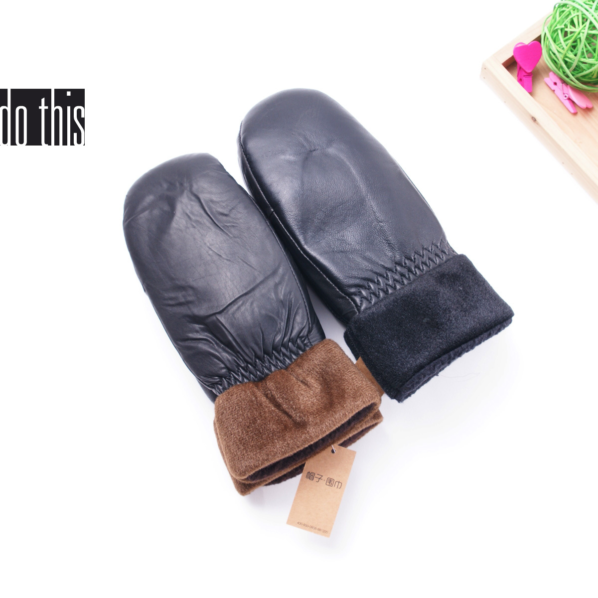 Winter Women leather fabric winter thermal wrist length warm velvet full finger gloves