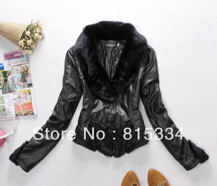 winter women  PU slim fur collar Jacket/ thermal single breasted motorcycle leather coat for women free shipping black,yellow