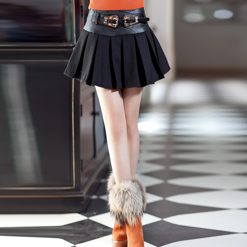 Winter women's 2012 cotton patchwork water washed leather sexy solid color pleated miniskirt