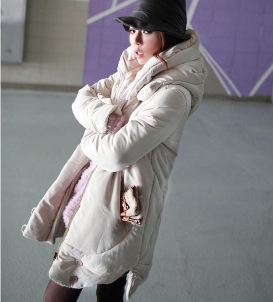 Winter women's 2013 beige with a hood long design thickening wadded jacket outerwear hot  free shipping