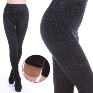 Winter women's fashion faux denim high waist beauty care plus velvet thickening stovepipe thermal ankle length trousers legging