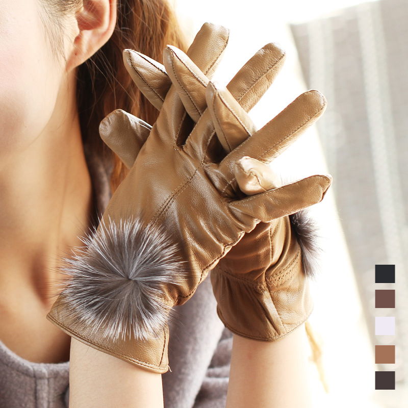 Winter women's fox fur ball genuine leather gloves winter fashion thermal leather gloves sheepskin gloves