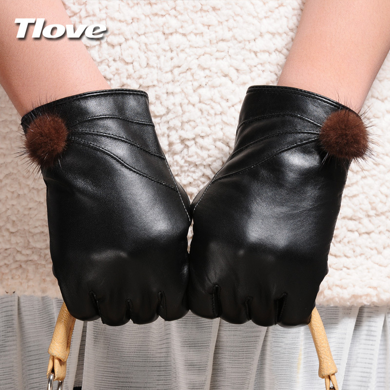 Winter women's gloves top sheepskin fashion mink ball genuine leather gloves women's