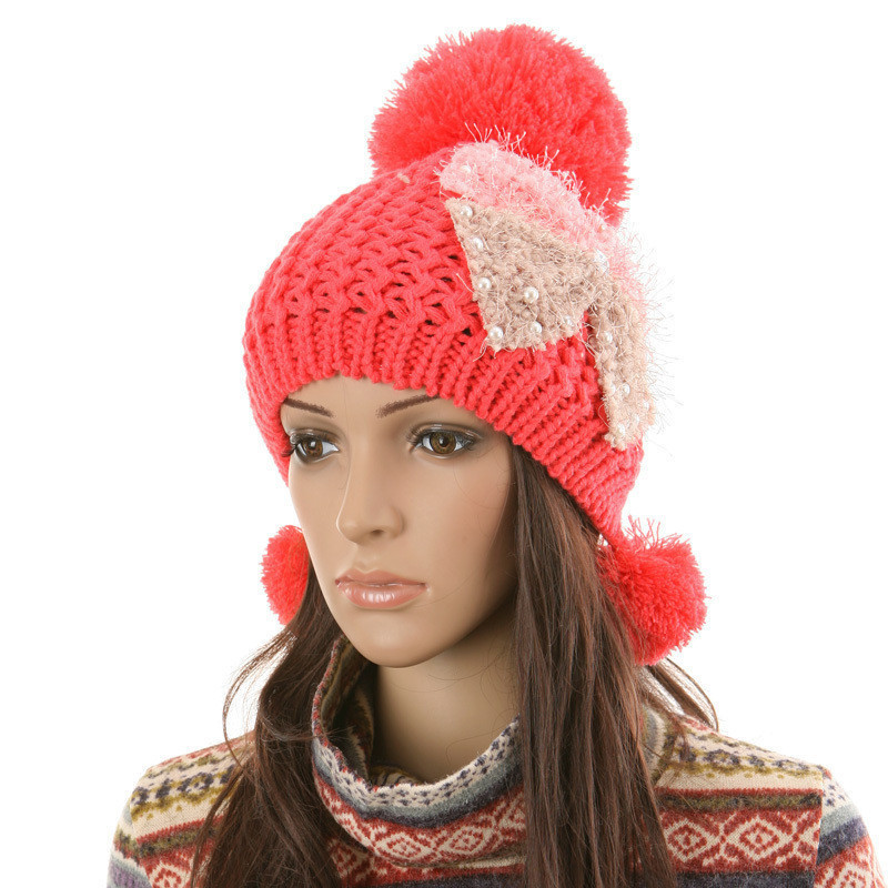 Winter women's hat large sphere pearl bow knitted hat ear protector cap knitted hat