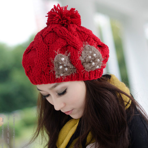 Winter women's hat pearl large sphere handmade coarse knitted hat knitted hat beret