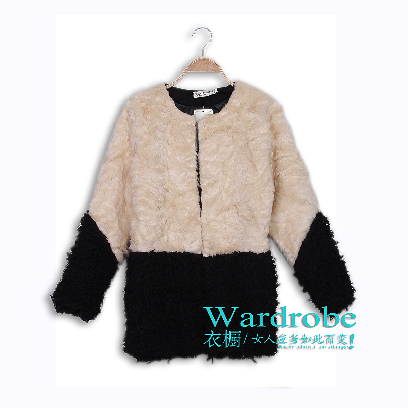 Winter women's medium-long berber fleece wool faux color block decoration overcoat outerwear top