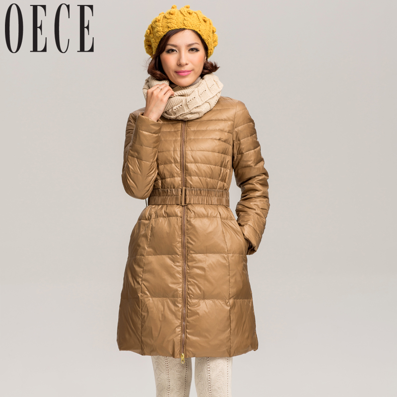 Winter women's oece slim o-neck elastic waist belt slim medium-long down coat tbj091