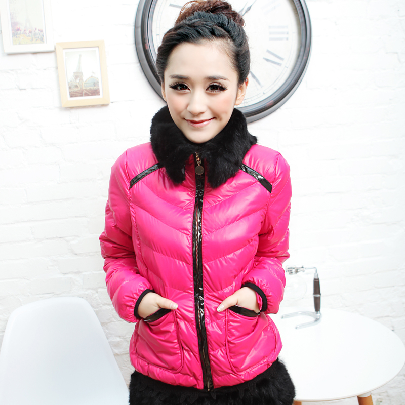 Winter women's rabbit fur collar PU hemming short design zipper wadded jacket outerwear small cotton-padded jacket