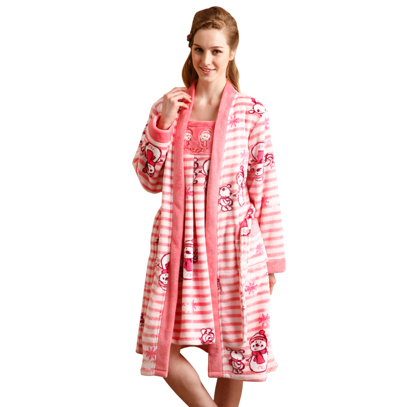 Winter women's sleepwear casual coral fleece lounge robe twinset