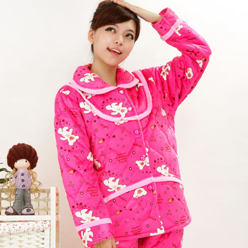 Winter women's super soft coral fleece thickening cotton-padded long-sleeve set sleepwear lounge thick at home service
