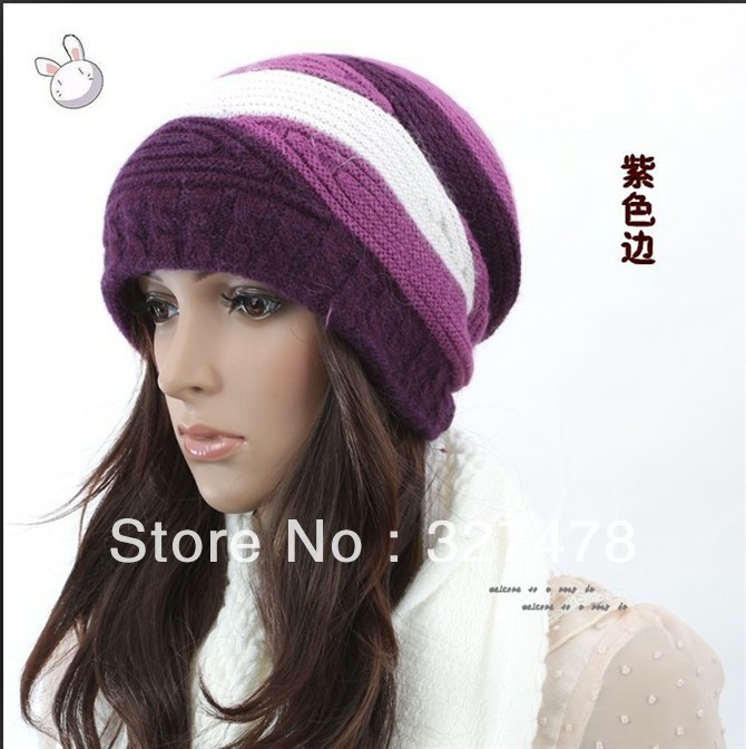 Winter women's three-color rabbit fur hat purple knitted hat autumn and winter knitting wool hat knitted cap