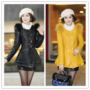 Winter women's waddedfashion slim water washed leather wool short design jacket dlqy605