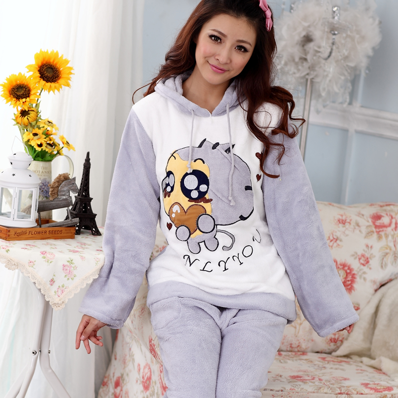 Winter you laugh monkey big women's cartoon sleepwear long-sleeve set coral fleece with a hood lounge Free delivery