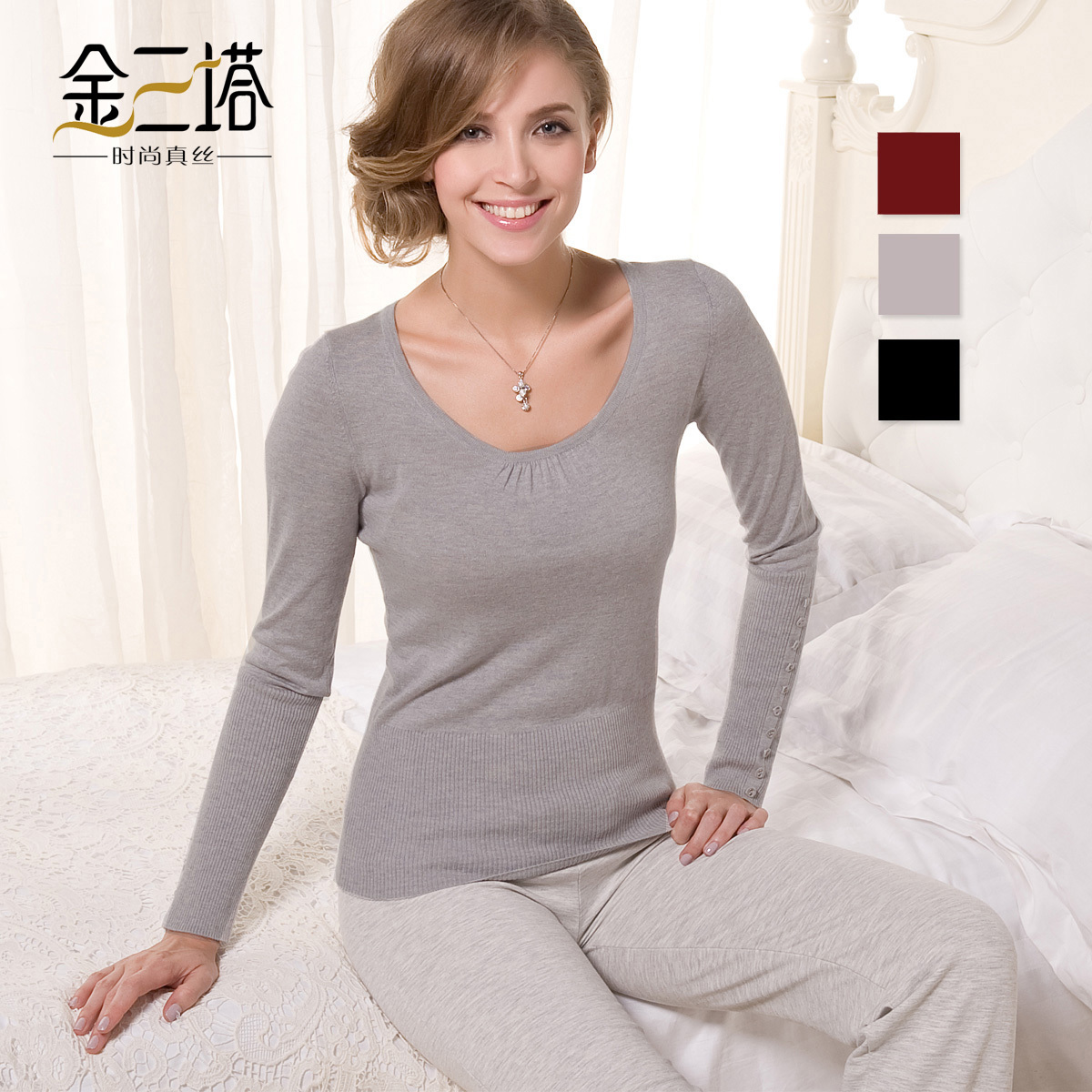 Wire cashmere blended fabric low o-neck long-sleeve sweater basic shirt
