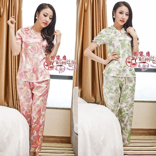 Wire faux silk sleepwear female short sleeve length pants lounge print set