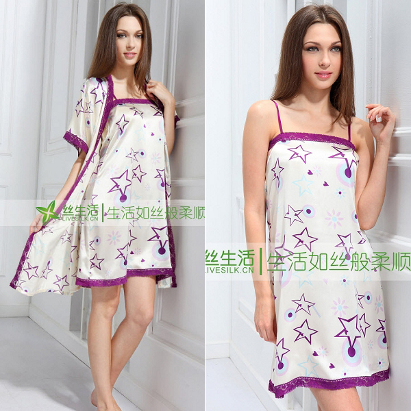 Wire lounge pure silk sleepwear female sexy spaghetti strap robe bathrobes print twinset