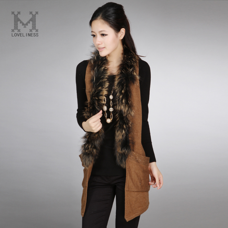 Wire women's noble fur collar cardigan waistcoat all-match slim medium-long cashmere sweater 72723 throwback jerseys doraemon