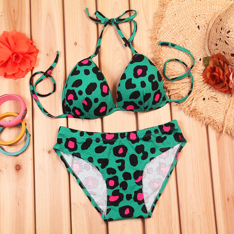 Wireless none 100% cotton bikini underwear green bra set leopard print