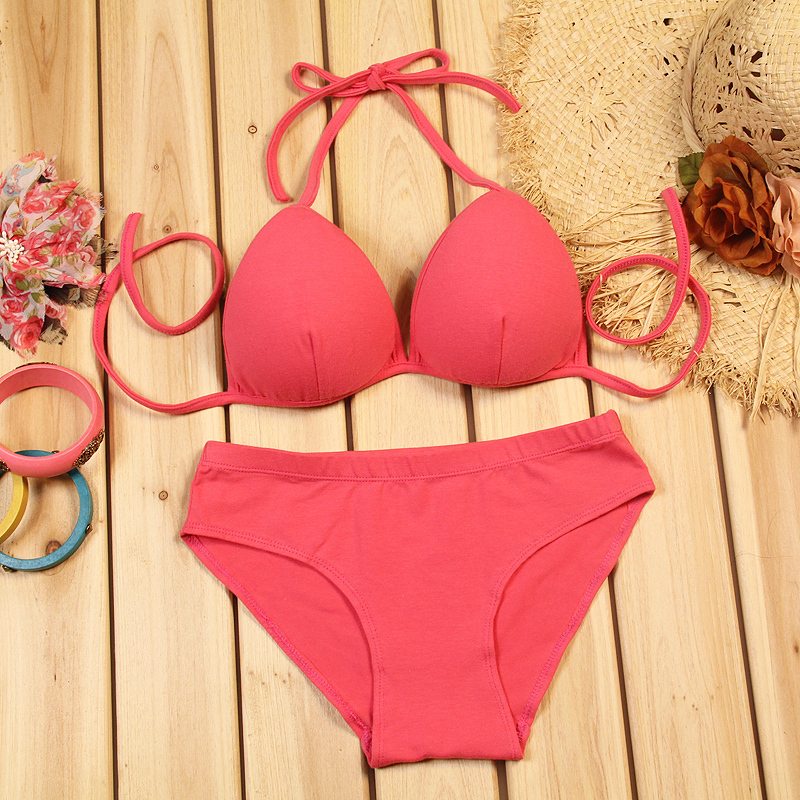 Wireless none 100% cotton bikini underwear watermelon red bra set