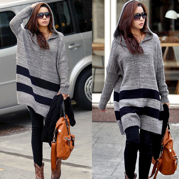 With a hood stripe casual pullover sweater 11611 free shipping