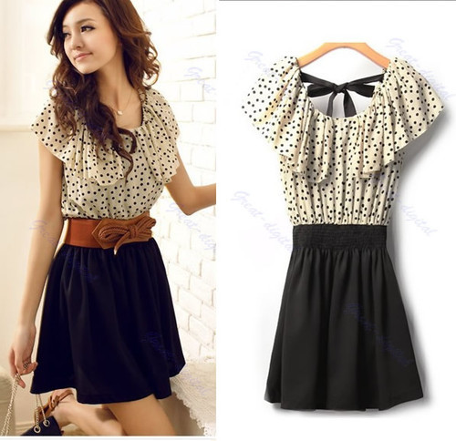 With Belt!!! Korean Women Summer New Fashion Chiffon Dress Short-sleeve Dots Polka Waist Mini Beige+Black Free Shipping #2028