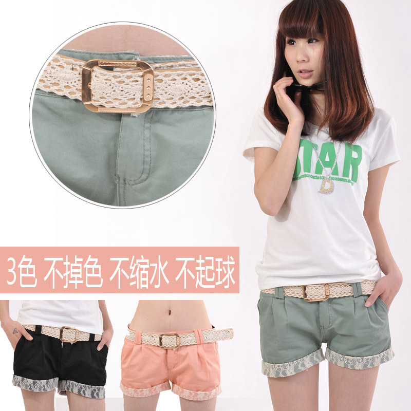 With belt lace roll up hem shorts 100% cotton ice cream shorts straight boots trousers women's