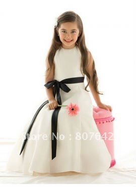 with black sash 2013 new sleeve satin beautiful flower girl dress Sky-457 Custom sizes & colors