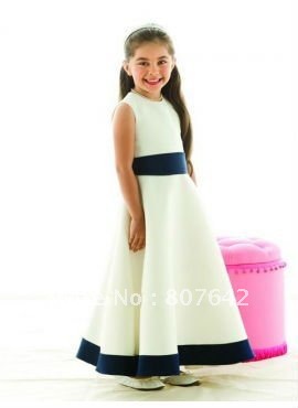 with blue sash 2013 new sleeve satin beautiful flower girl dress Sky-456 Custom sizes & colors