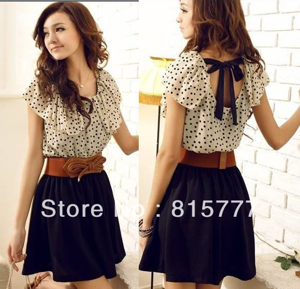 Without Belt! Korean Ladies Women Summer New Fashion Chiffon Dress Short-sleeve Dots Polka Waist Mini Beige+Black Free Shipping